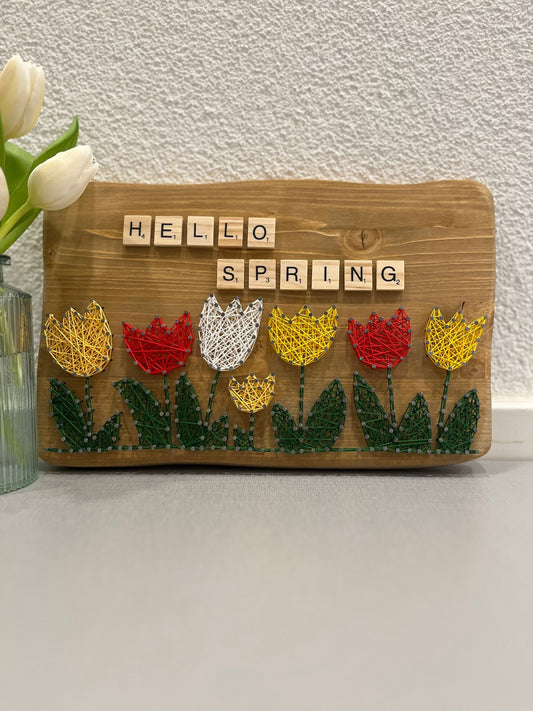 String Art "Hello Spring" auf Holz - Fadenbild
